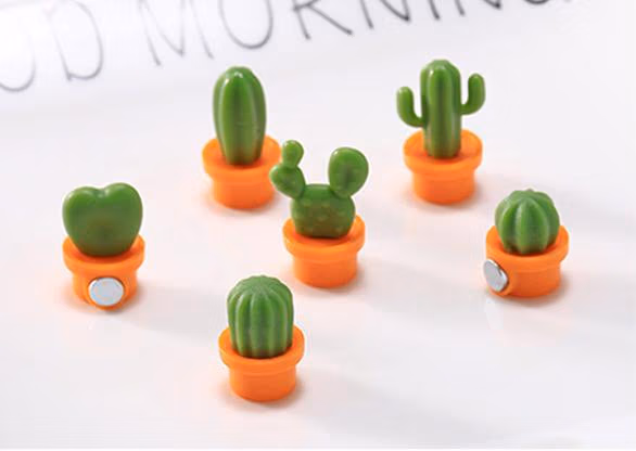 Zes koelkastmagneetjes in de vorm van een cactus in een terracotta kleur potje van plastic