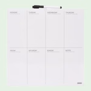 Whiteboard weekplanner (Engels) 35 x 35 cm 2 Magnetische whiteboard weekplanner met zeven dagen ruimte om te beschrijven en een bijbehorende whiteboardstift