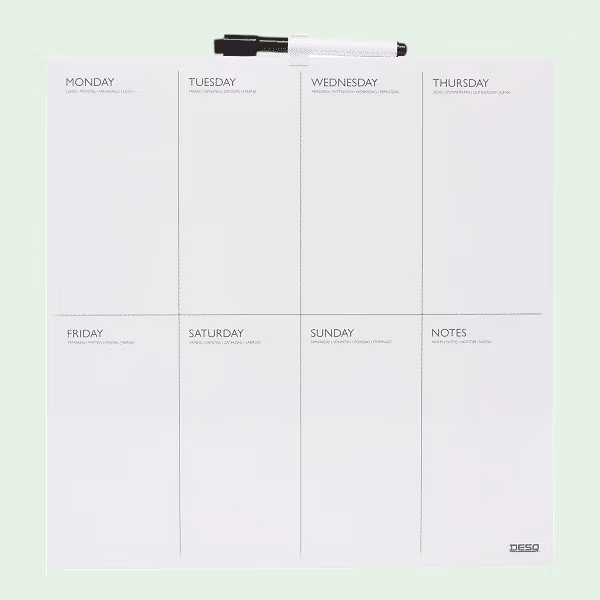Magnetische whiteboard weekplanner met zeven dagen ruimte om te beschrijven en een bijbehorende whiteboardstift