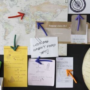 Pijl magneetjes Arrow 7 Magneetbord met diverse pijl magneetjes en met magneten opgehangen briefjes en kaarten