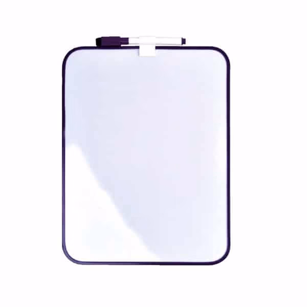 Klein whiteboard met een paarse omlijsting