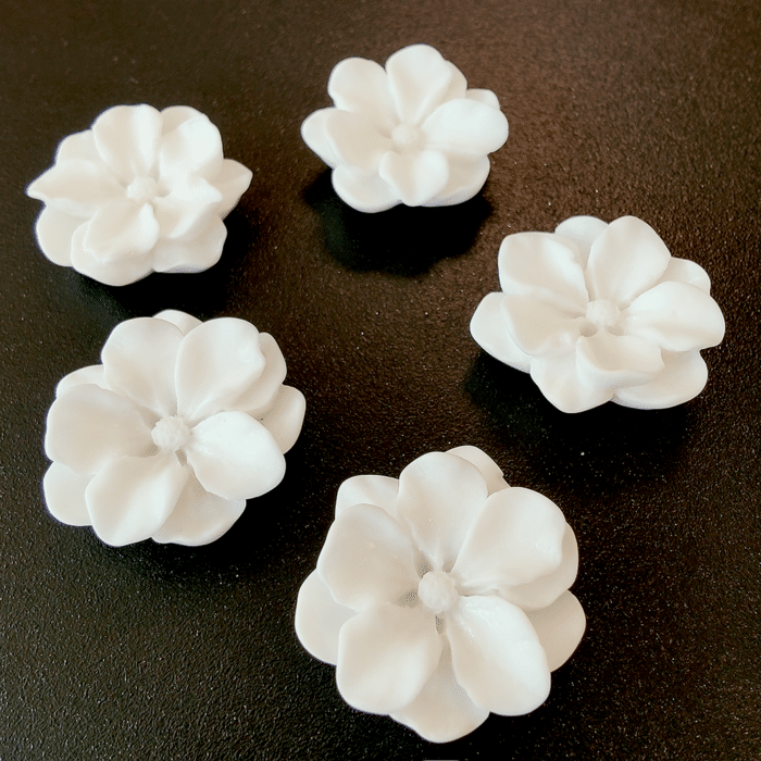 Koelkastmagneetjes White Flowers 1 Vijf witte bloemetjes met een sterke magneet op een zwart magneetbord