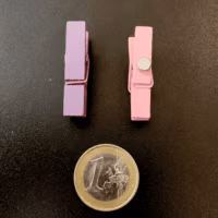 Twee gekleurde wasknijpertjes met een magneetje erop
