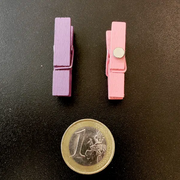 Twee gekleurde wasknijpertjes met een magneetje erop