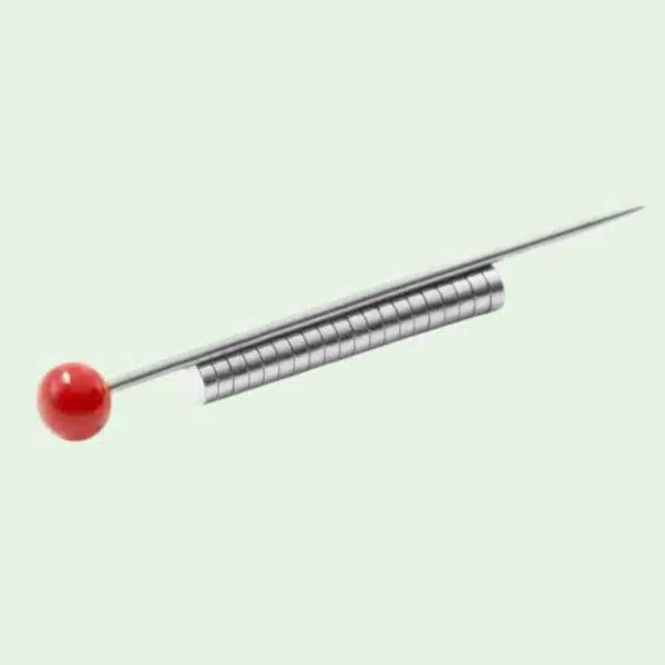 Schijfmagneetjes 2 x 1 mm naast een speld geplaatst om de grootte in te kunnen schatten