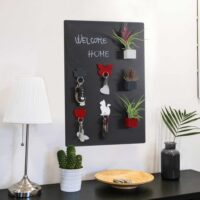Een zwart magnetisch bord dat is ingericht met verschillende magnetische accessoires