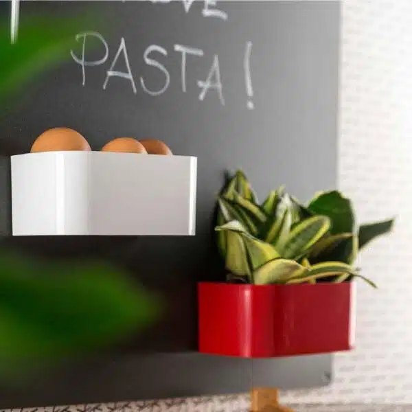 Twee magnetische bakjes van 12 centimeter in het rood en wit op een zwart magneetbord in de keuken