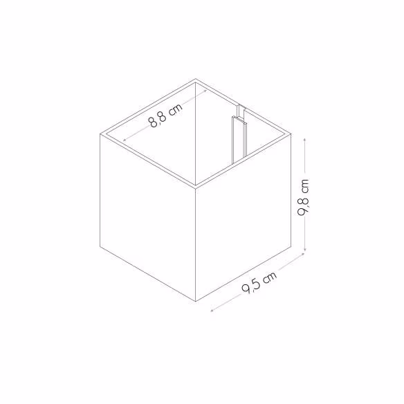 Schema van de maatvoering van een magnetisch bakje van 9 cm