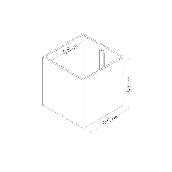Schema van de maatvoering van een magnetisch bakje van 9 cm
