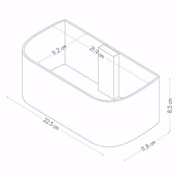 Schema van de maatvoering van een magneetbakje 22 cm