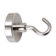 Zijaanzicht van een haakmagneet met en potmagneet en een haak die in de potmagneet met schroefdraad is gedraaid.