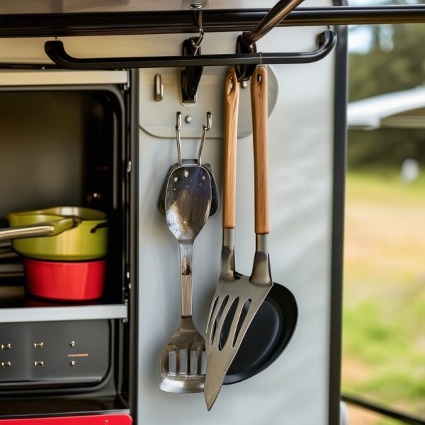 Haakmagneten gebruiken in de buitenkeuken van de camper zorgen voor een opgeruimde camper.