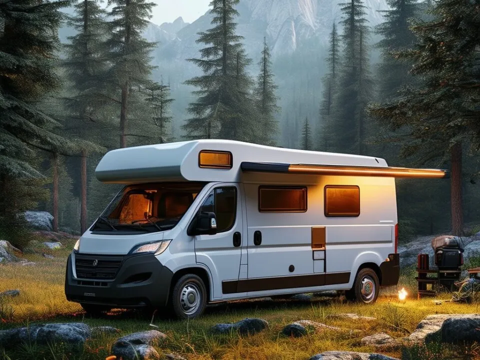 Een camper op een kampeerplaats in de vrije natuur