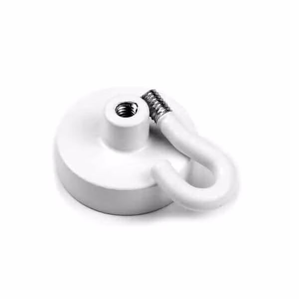 Witte potmagneet met een schroefbaar klein haakje