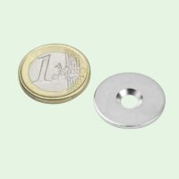 Metalen tegenstuk met boorgat 23mm 2 Metalen tegenstuk van 23mm met gat naast een euromunt om de grootte in te schatten