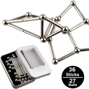 Magneet staafjes en balletjes zilver 4 een tinnen doosje met balletjes en magneetstaafjes erin