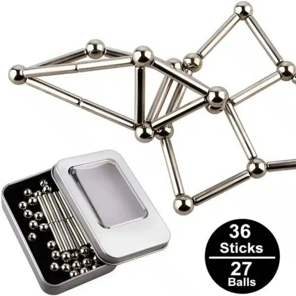 een tinnen doosje met balletjes en magneetstaafjes erin
