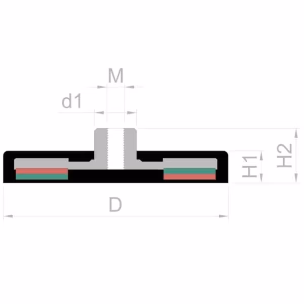 Schema van de maten van de rubberen potmagneet met draadbus 42mm