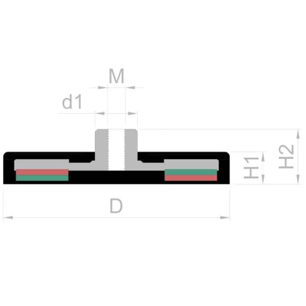 Schema van de maten van de rubberen potmagneet met draadbus 42mm