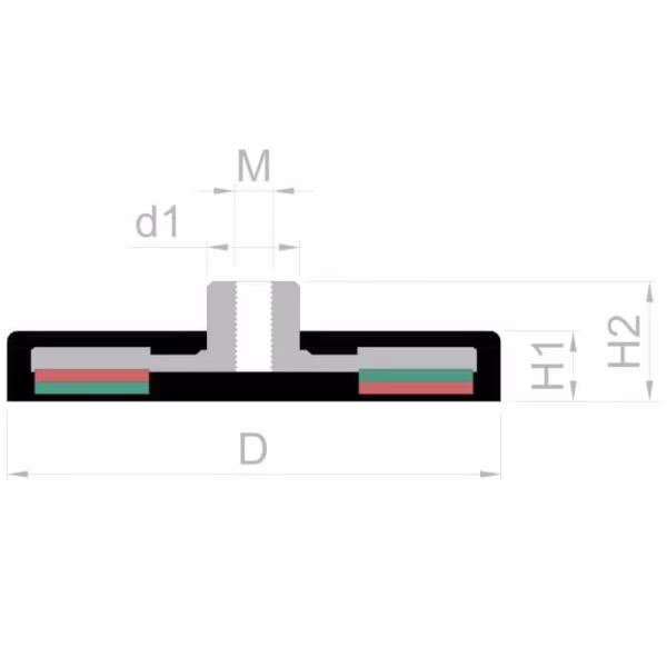 Schema van de maten van de rubberen potmagneet met draadbus 42mm