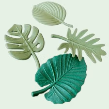 Vier koelkastmagneten in de vorm van bladeren van groene kamerplanten