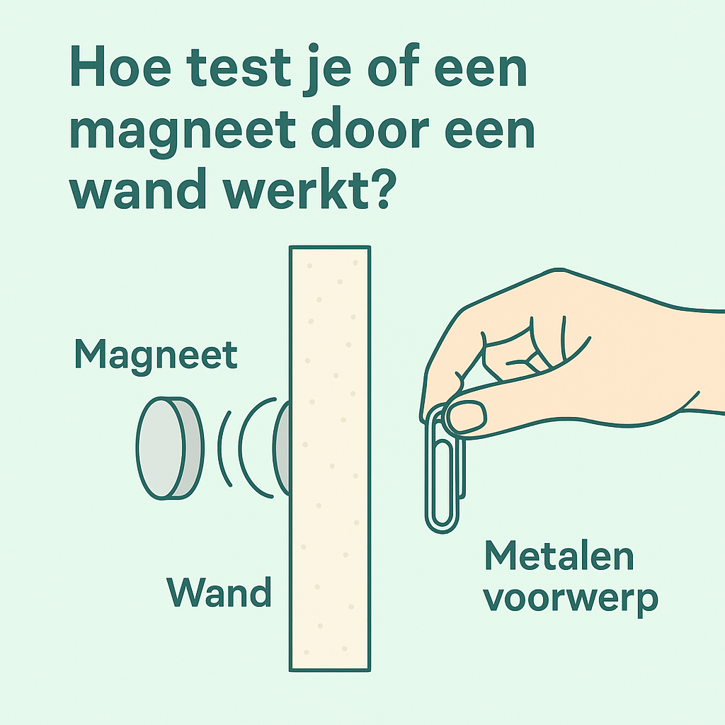 Hoe test je of een magneet door een wand werkt? – MagneetjesWinkel.nl Diagram: testopstelling met twee magneten aan weerszijden van een wand en een metalen voorwerp (paperclip)