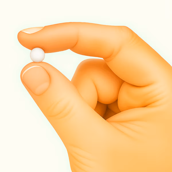 Hand houdt een wit neodymium magneetballetje van 5 mm vast tussen duim en wijsvinger op een mintgroene achtergrond.