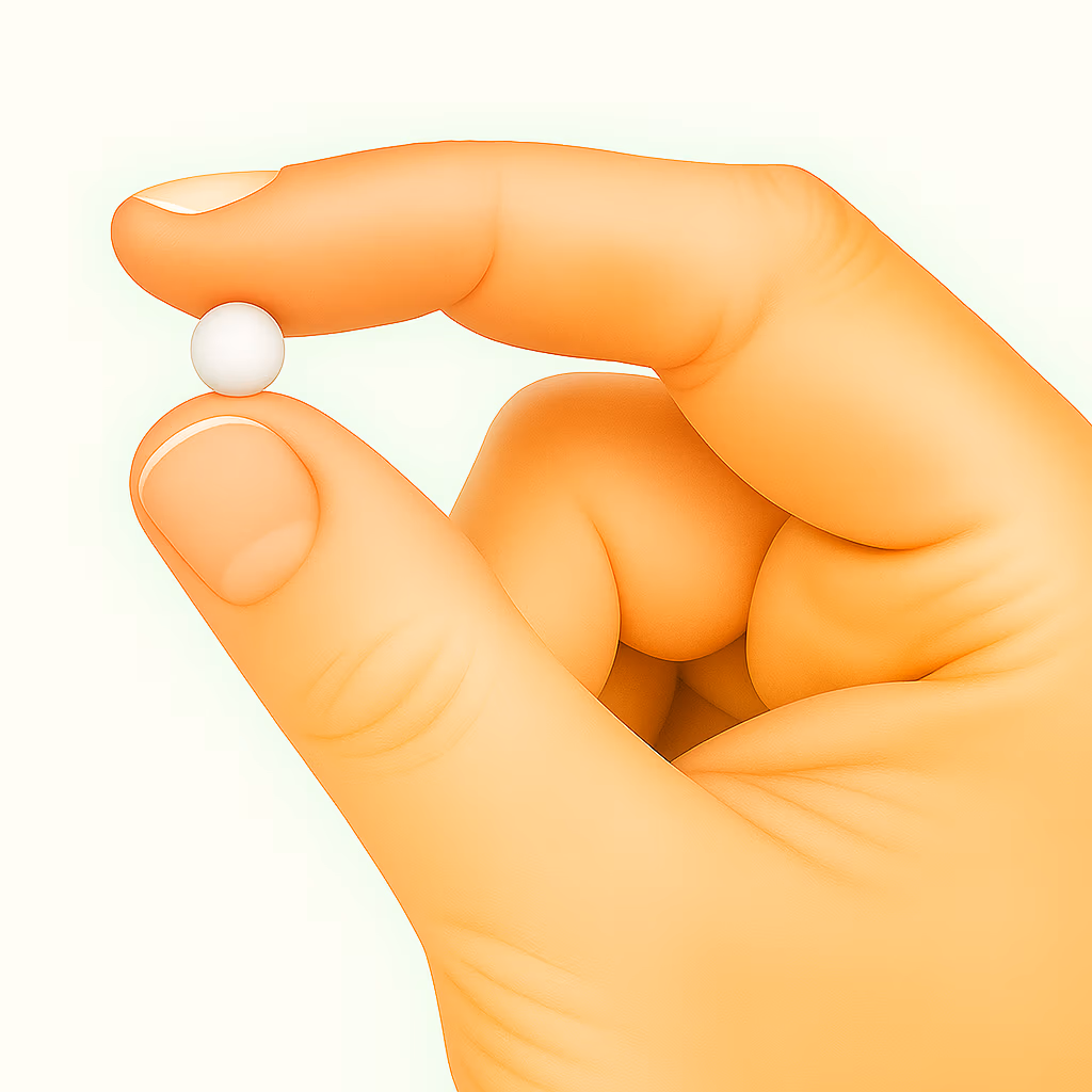 Hand houdt een wit neodymium magneetballetje van 5 mm vast tussen duim en wijsvinger op een mintgroene achtergrond.