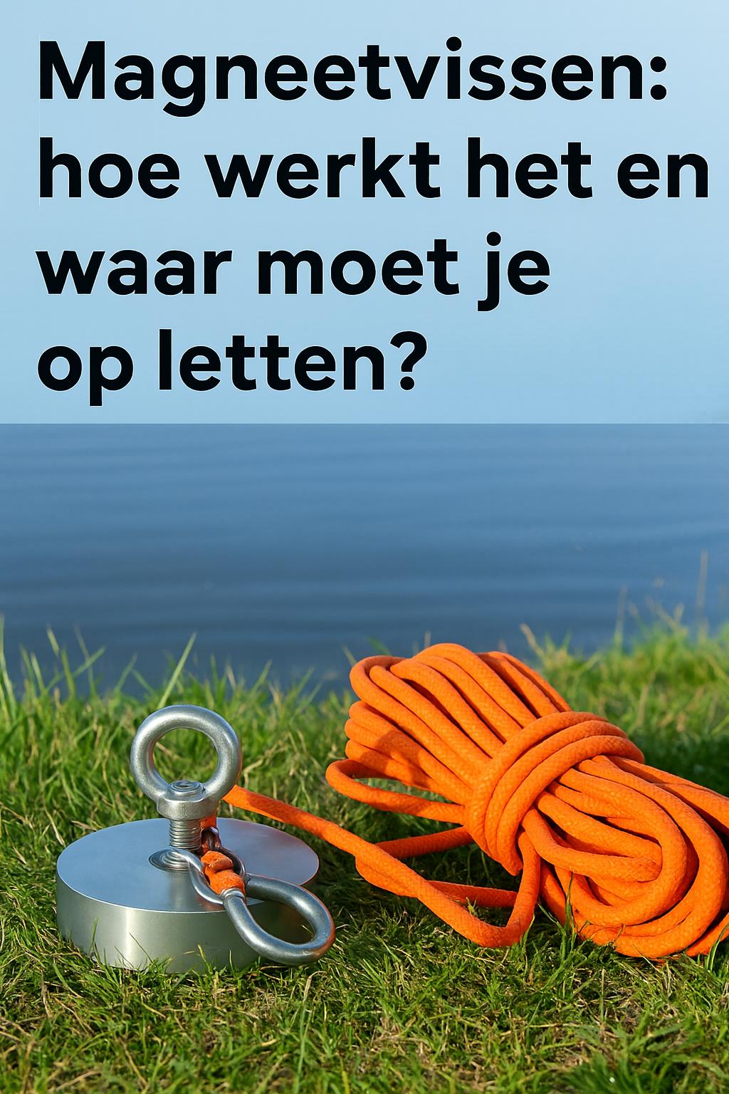 Neodymium vismagneet met bevestigingsoog en oranje touw op gras langs de waterkant, als illustratie bij magneetvissen in de huisstijl van MagneetjesWinkel.nl