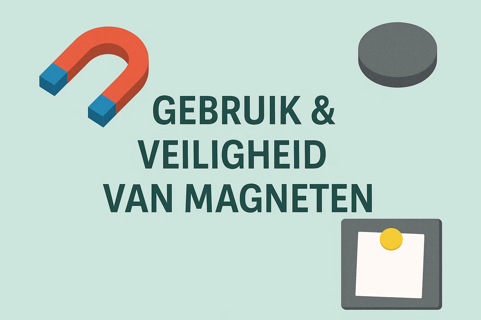 Uitgelichte afbeelding met de tekst ‘Gebruik & Veiligheid van magneten’ op een mintgroene achtergrond, in de huisstijl van MagneetjesWinkel.nl.