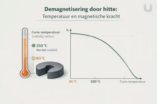 Infographic over demagnetisering door hitte bij magneten, met temperatuurschaal en afnemende magnetische kracht.