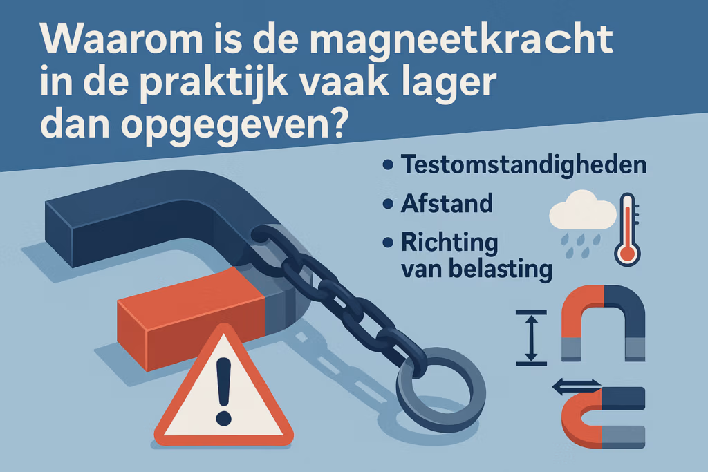 Illustratie die laat zien waarom magneetkracht in de praktijk lager is dan opgegeven, met afstand, schuifkracht en ondergrond – MagneetjesWinkel.nl