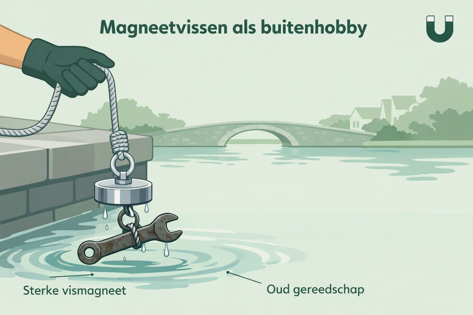 magneetvissen als buitenhobby — een sterke vismagneet aan een touw die uit een rustige waterpartij (gracht of kanaal) een metalen object omhooghaalt.