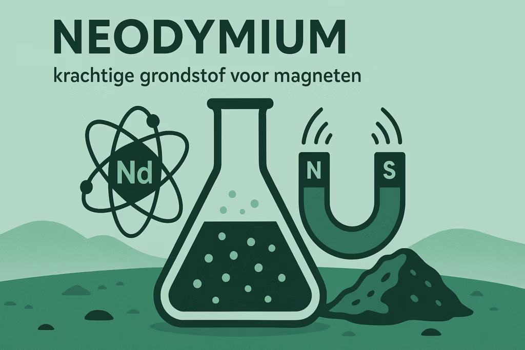 Illustratie van neodymium als grondstof voor magneten, met Nd-atoomsymbool, laboratoriumkolf en U-magneet – MagneetjesWinkel.nl