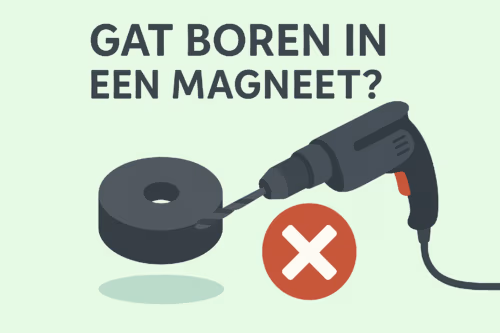 Illustratie van een magneet en boorgereedschap als waarschuwing voor risico’s bij het boren in magneten.