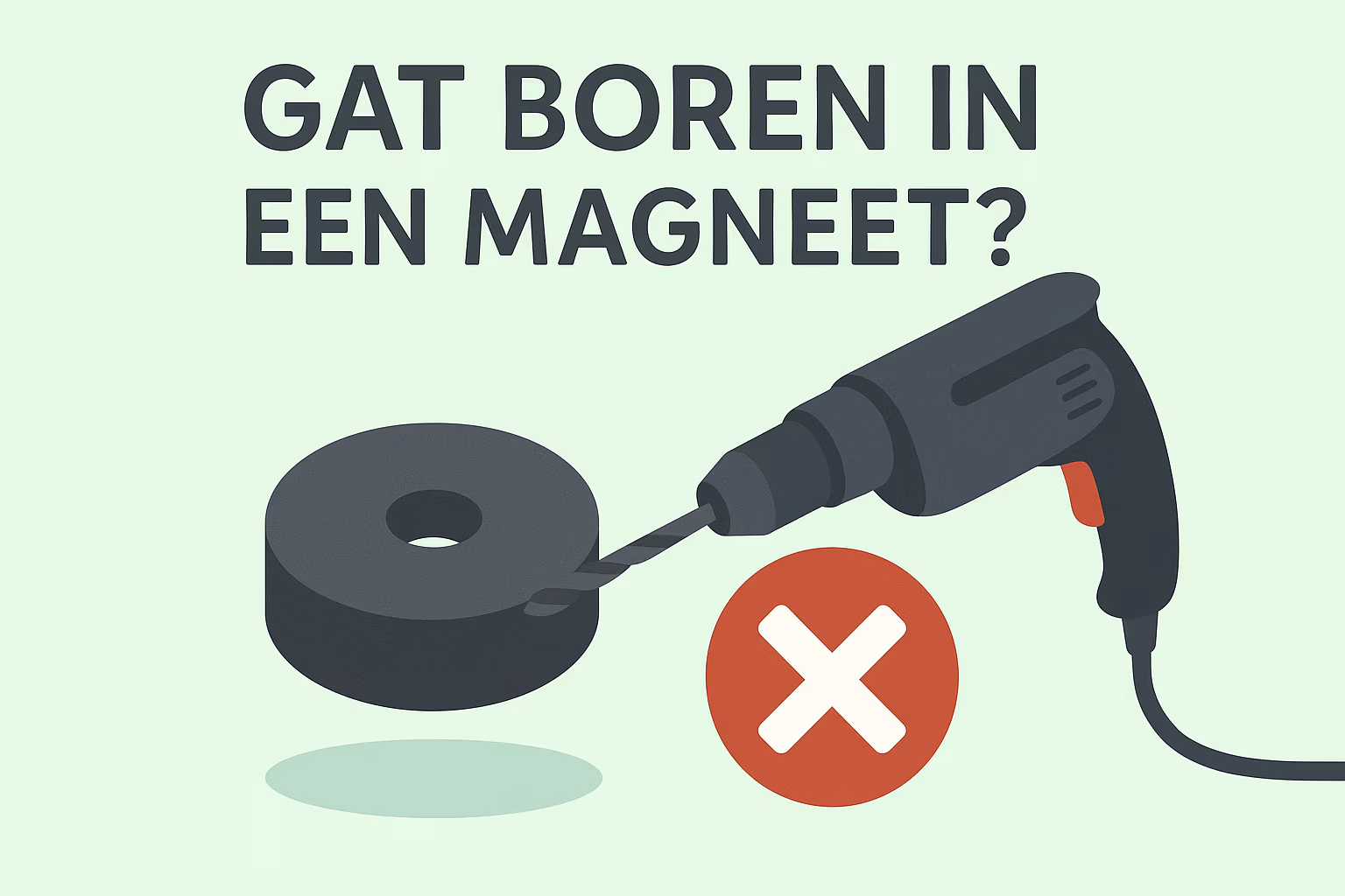 Illustratie van een magneet en boorgereedschap als waarschuwing voor risico’s bij het boren in magneten.