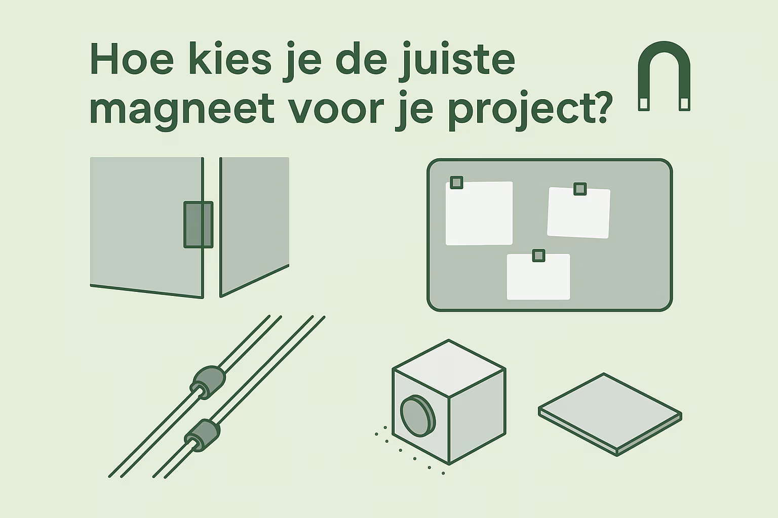 Illustratie die laat zien hoe je de juiste magneet kiest voor een project, met voorbeelden van magnetische toepassingen zoals kastsluitingen, magneetbord en kabelgeleiding – MagneetjesWinkel.nl