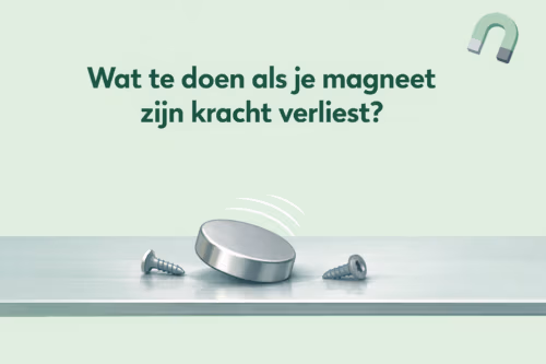 Illustratie van een magneet die minder kracht levert op een metalen oppervlak – uitleg over oorzaken van krachtverlies bij magneten door MagneetjesWinkel.nl