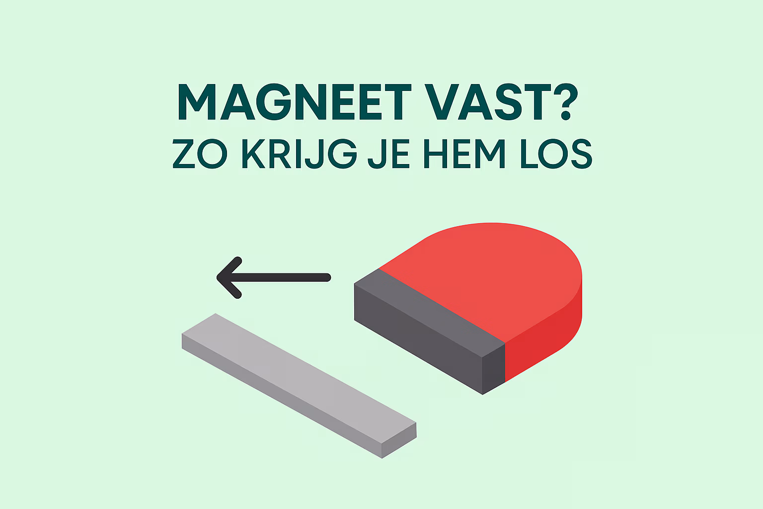 Illustratie van een sterke magneet die wordt losgeschoven van een metalen oppervlak, als uitleg voor het veilig losmaken van vastzittende magneten op de vraagbaakpagina van MagneetjesWinkel.nl.