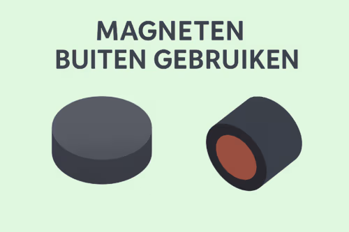 Illustratie van ferriet- en rubbermagneten voor buitengebruik op mintgroene achtergrond voor de vraagbaakpagina van MagneetjesWinkel.nl.