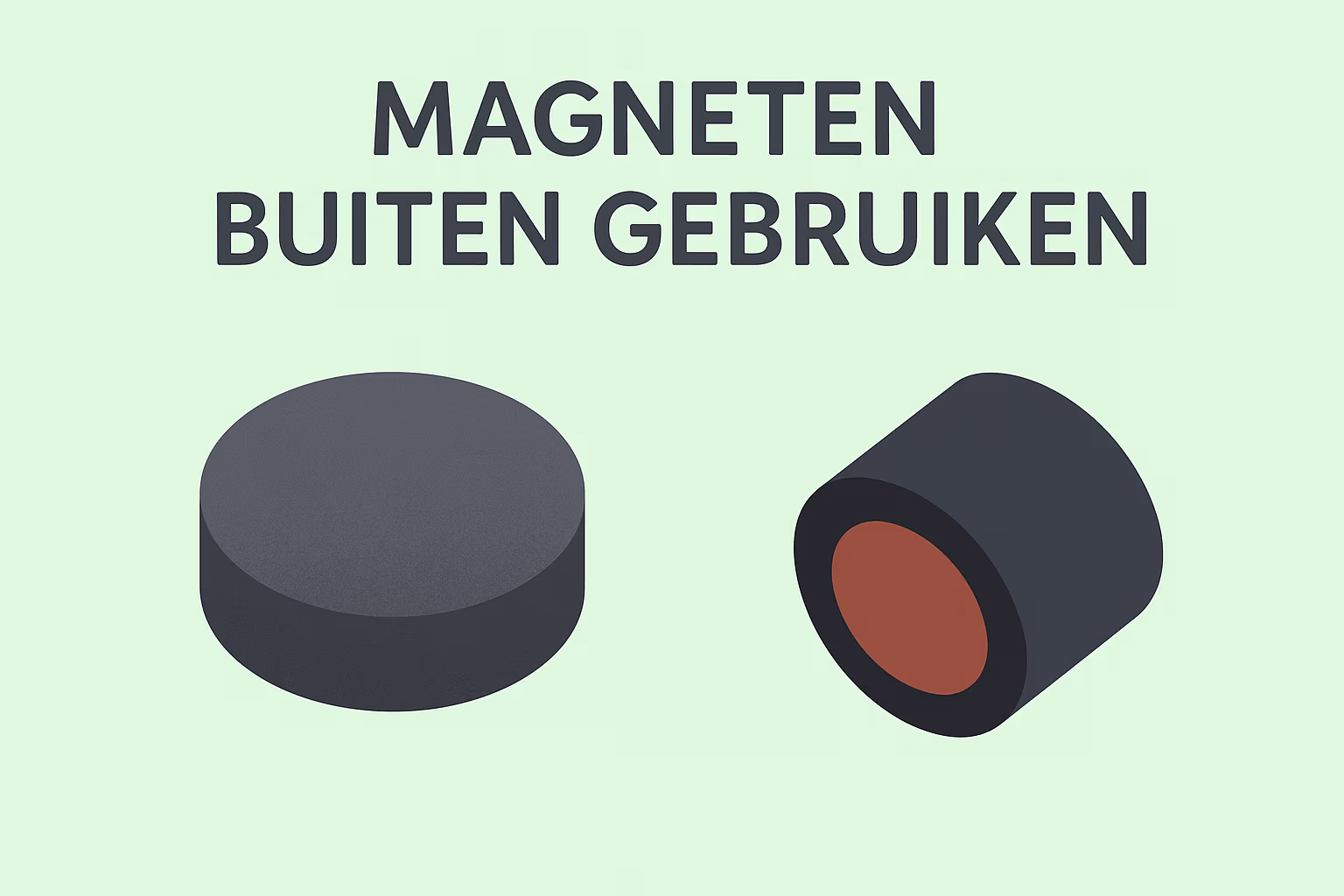Illustratie van ferriet- en rubbermagneten voor buitengebruik op mintgroene achtergrond voor de vraagbaakpagina van MagneetjesWinkel.nl.