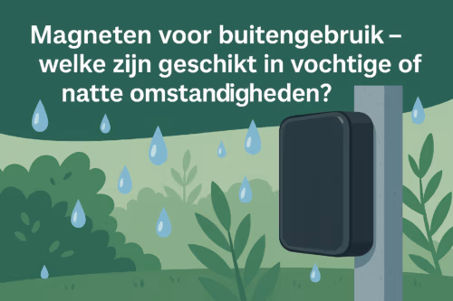 Illustratie van een buitenmagneet op een metalen paal in een vochtige omgeving, met regendruppels en groene achtergrond; uitgelichte afbeelding voor het artikel over magneten voor buitengebruik op MagneetjesWinkel.nl.