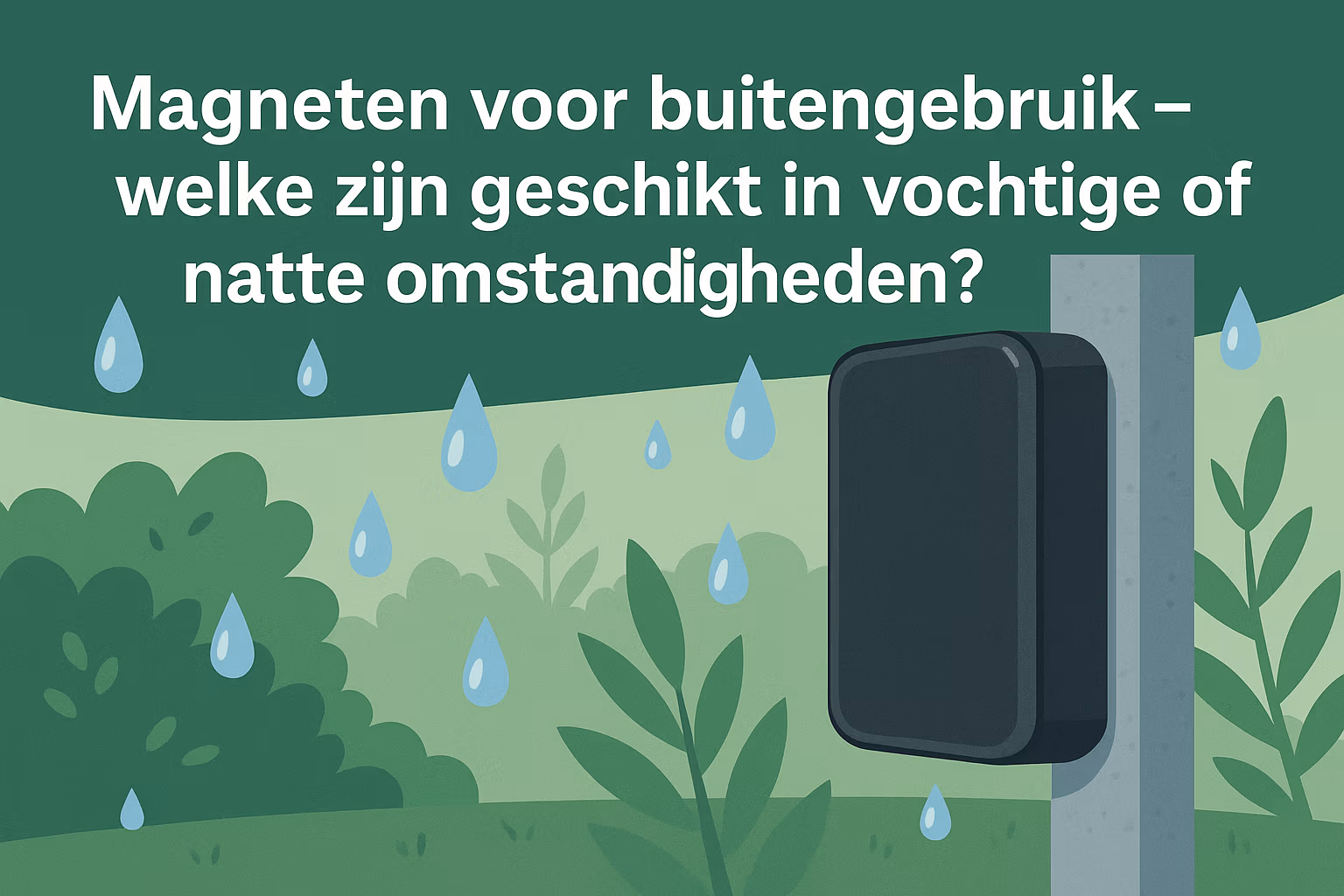 Illustratie van een buitenmagneet op een metalen paal in een vochtige omgeving, met regendruppels en groene achtergrond; uitgelichte afbeelding voor het artikel over magneten voor buitengebruik op MagneetjesWinkel.nl.
