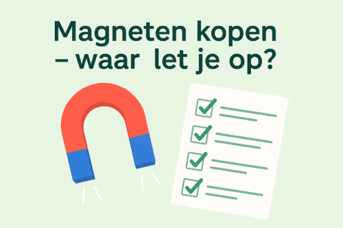 Illustratie met magneet en checklist op mintgroene achtergrond voor de koopgids ‘Magneten kopen – waar let je op?’ van MagneetjesWinkel.nl