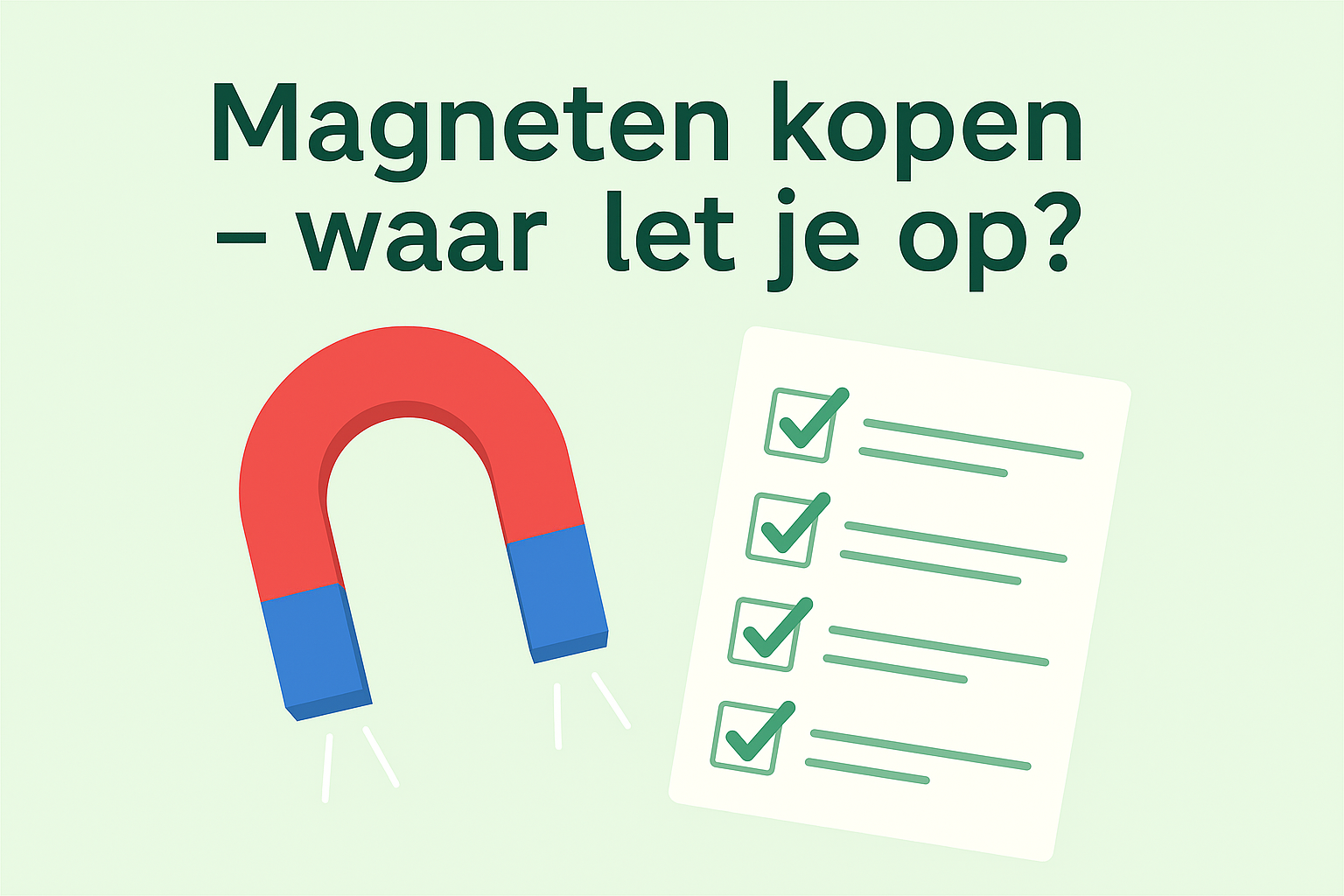 Illustratie met magneet en checklist op mintgroene achtergrond voor de koopgids ‘Magneten kopen – waar let je op?’ van MagneetjesWinkel.nl