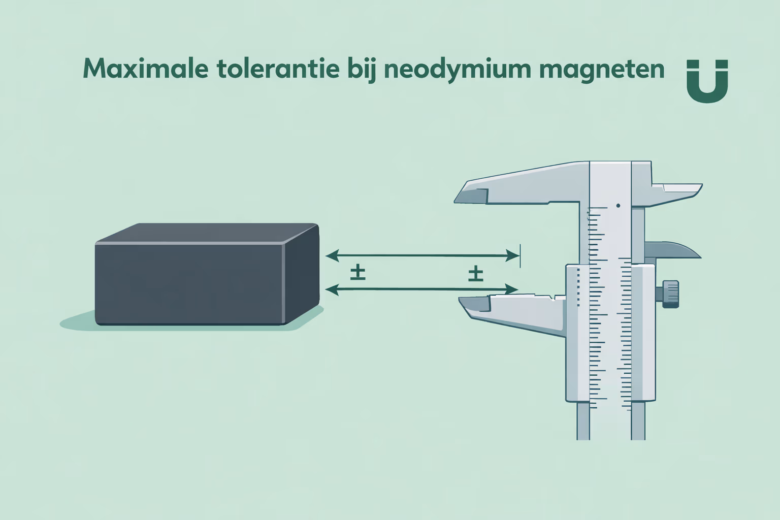 Illustratie van neodymium magneet met schuifmaat die tolerantie in afmetingen toont – Kennisbank MagneetjesWinkel.nl