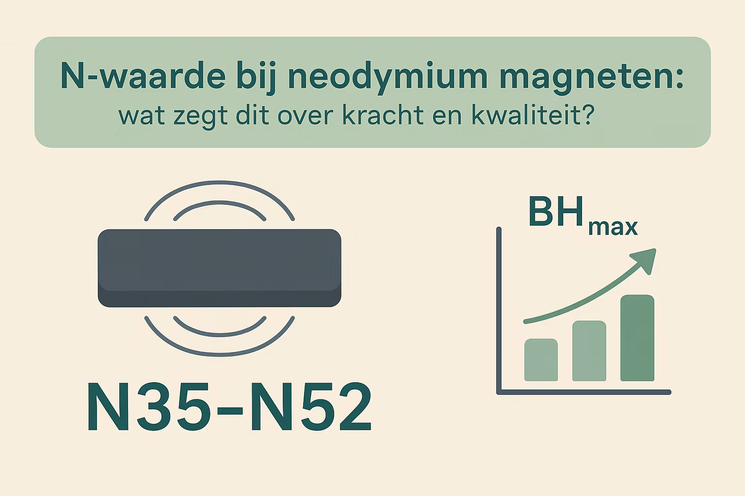 N-waarde bij neodymium magneten uitgelegd met illustratie van N35 tot N52 en BHmax – MagneetjesWinkel.nl