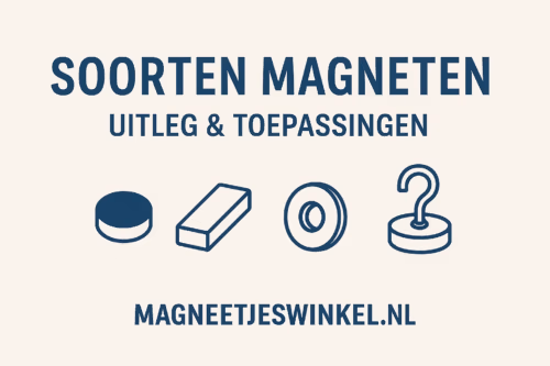 Uitgelichte afbeelding ‘Soorten magneten’ met minimalistische lijntekeningen van een schijfmagneet, blokmagneet, ringmagneet en potmagneet op een lichte achtergrond – informatief beeld voor MagneetjesWinkel.nl.
