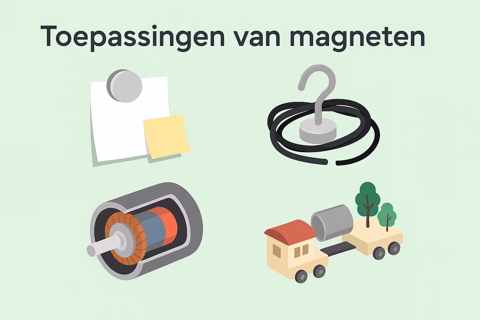 Illustratie met verschillende toepassingen van magneten op mintgroene achtergrond voor de pagina ‘Toepassingen van magneten’ van MagneetjesWinkel.nl.