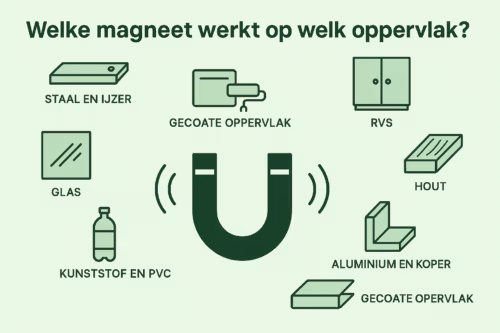 Illustratie die laat zien welke magneten werken op verschillende oppervlakken zoals staal, RVS, hout, glas, kunststof en aluminium – uitleg over magnetisch geschikte ondergronden door MagneetjesWinkel.nl